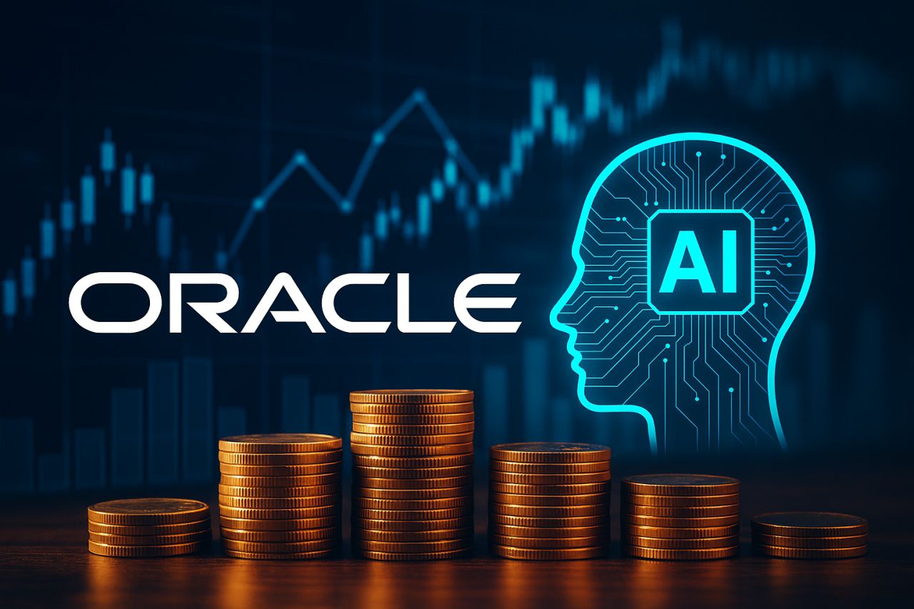 La scritta Oracle e la sagoma di una testa con la scritta AI all'interno. Sullo sfondo un grafico finanziario e in basso delle monetine disposte in piccole pile