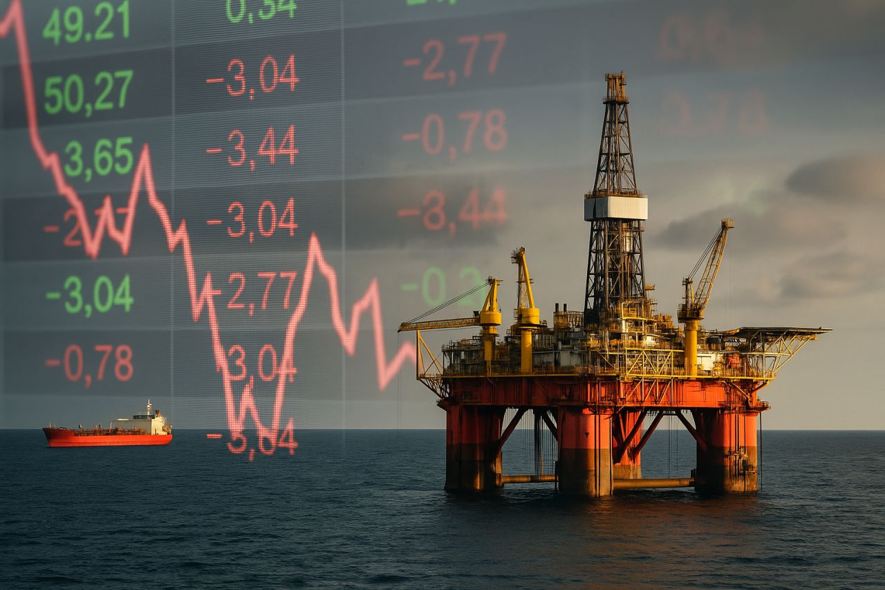 una piattaforma petrolifera in mezzo al mare. In trasparenza dei grafici finanziari