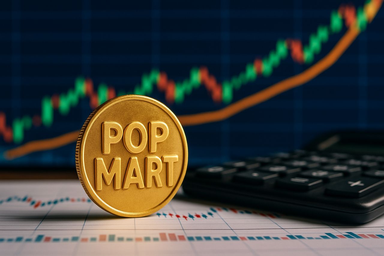 Una monetina con la scritta Pop Mart. Sullo sfondo un grafico a candele in rialzo