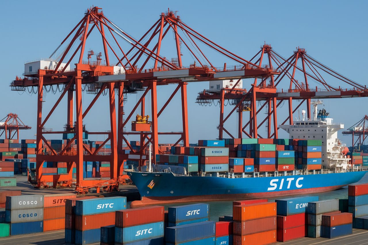 Un porto commerciale con diversi montacarichi e container