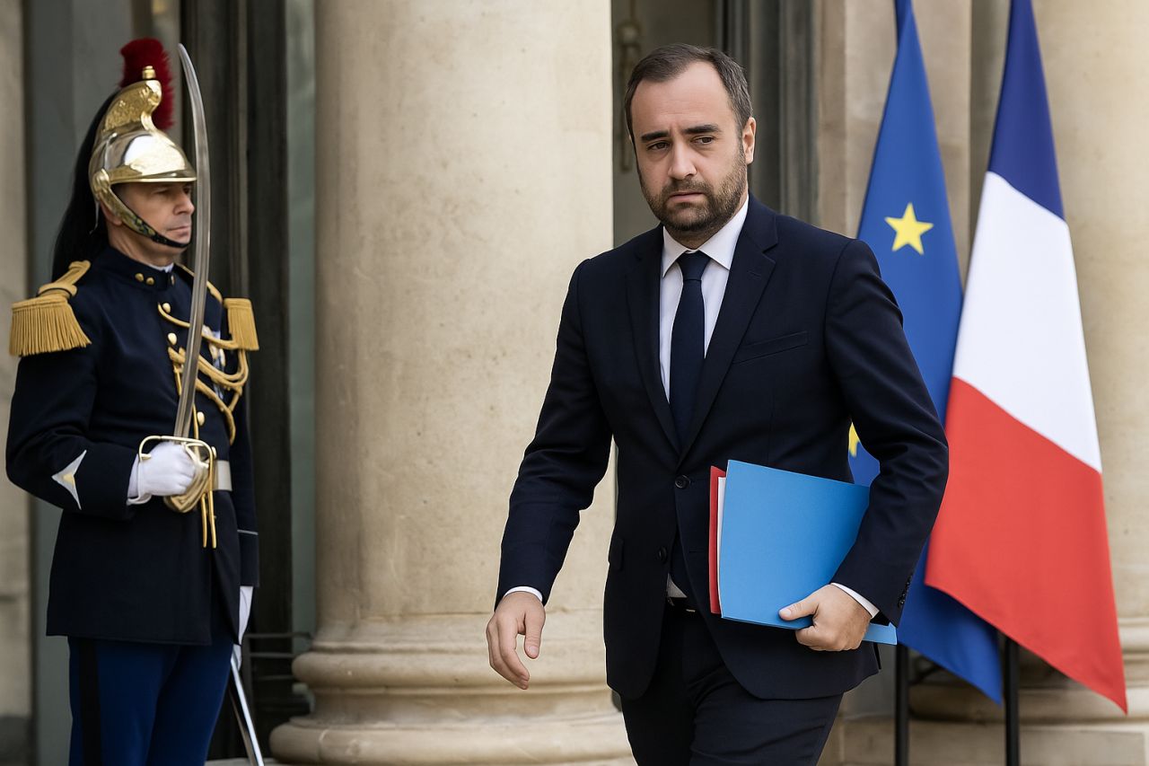 Un politico con una cartelletta e la bandiera della Francia sullo sfondo