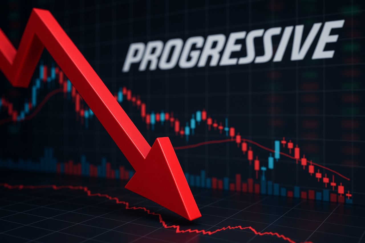 Un grafico a candele con una freccia rossa verso il basso e la scritta Progressive in grande