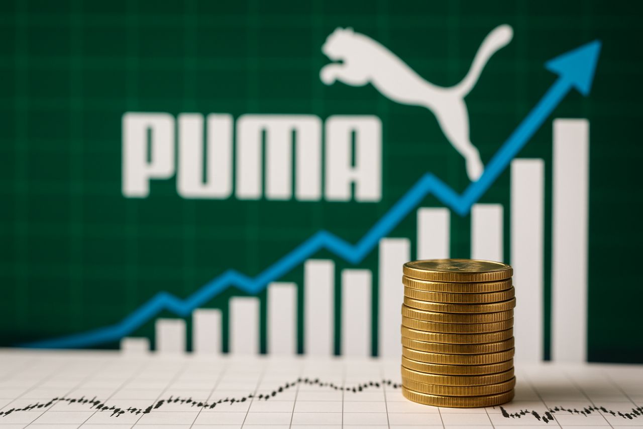 Un grafico a colonne con una freccia che lo percorre verso l'alto. Sullo sfondo logo e scritta Puma