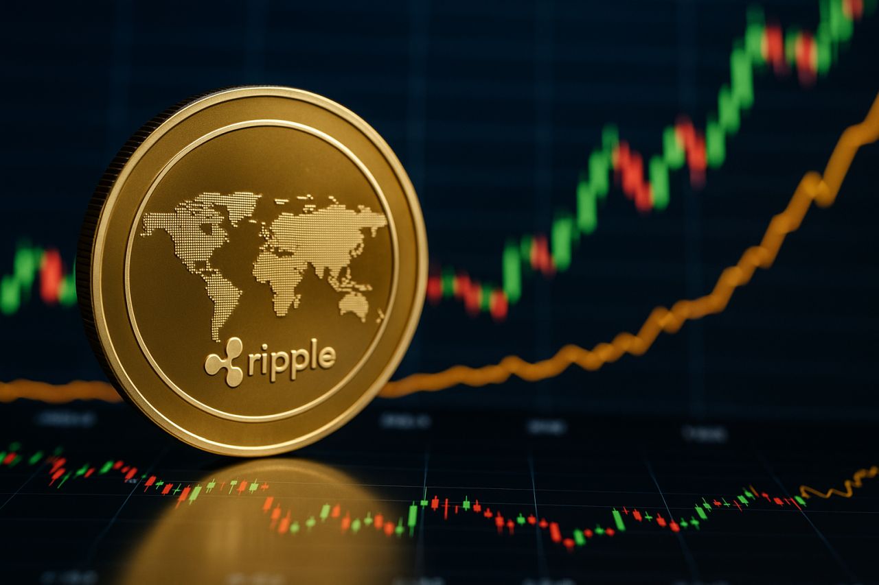 Una moneta con la cartina del mondo, la scritta Ripple e il simbolo XRP