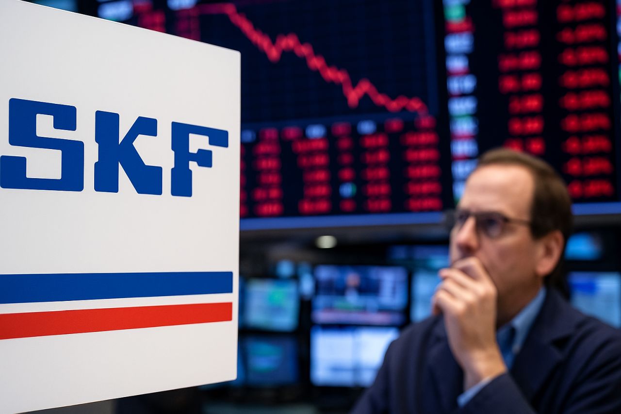 Un investitore che osserva un grafico in una sala della Borsa con uno schermo che mostra il logo SKF