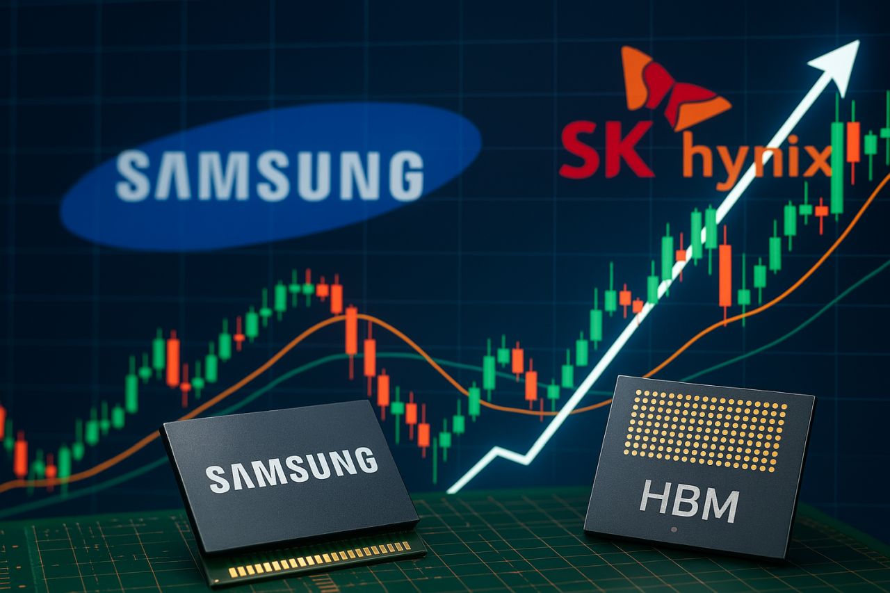 Un grafico a candele con i loghi di Samsung e SK Hynix