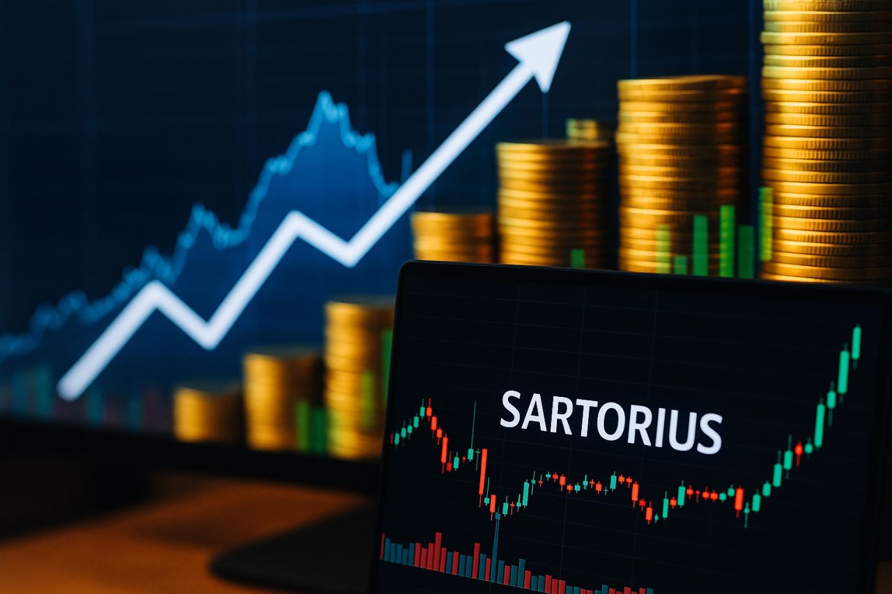 Uno schermo con un grafico a candele e la scritta Sartorius. Sullo sfondo delle monetine disposte in pile crescenti con una freccia che le percorre verso l'alto