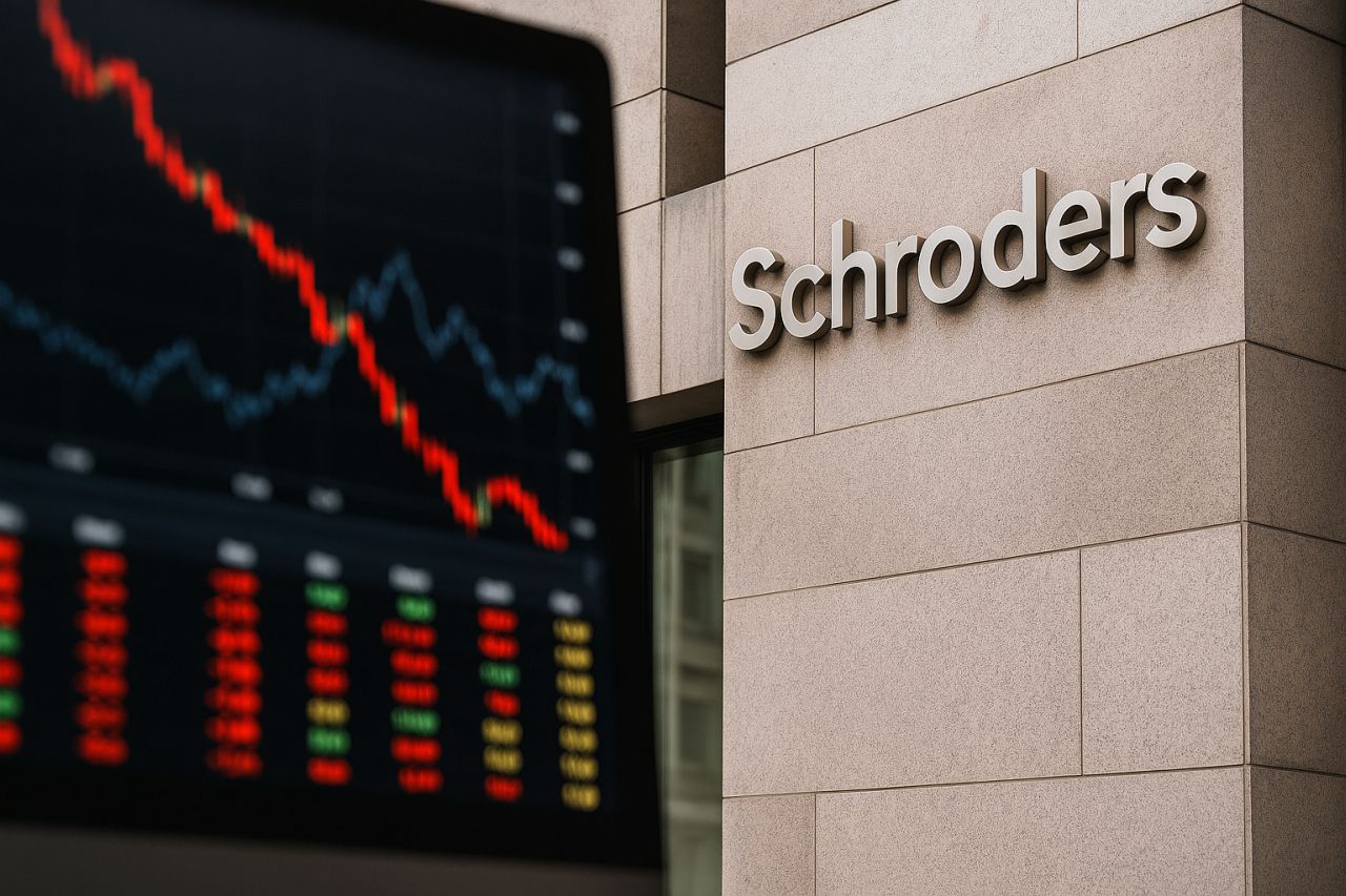 La scritta Schroders su una parete e uno schermo con grafici finanziari