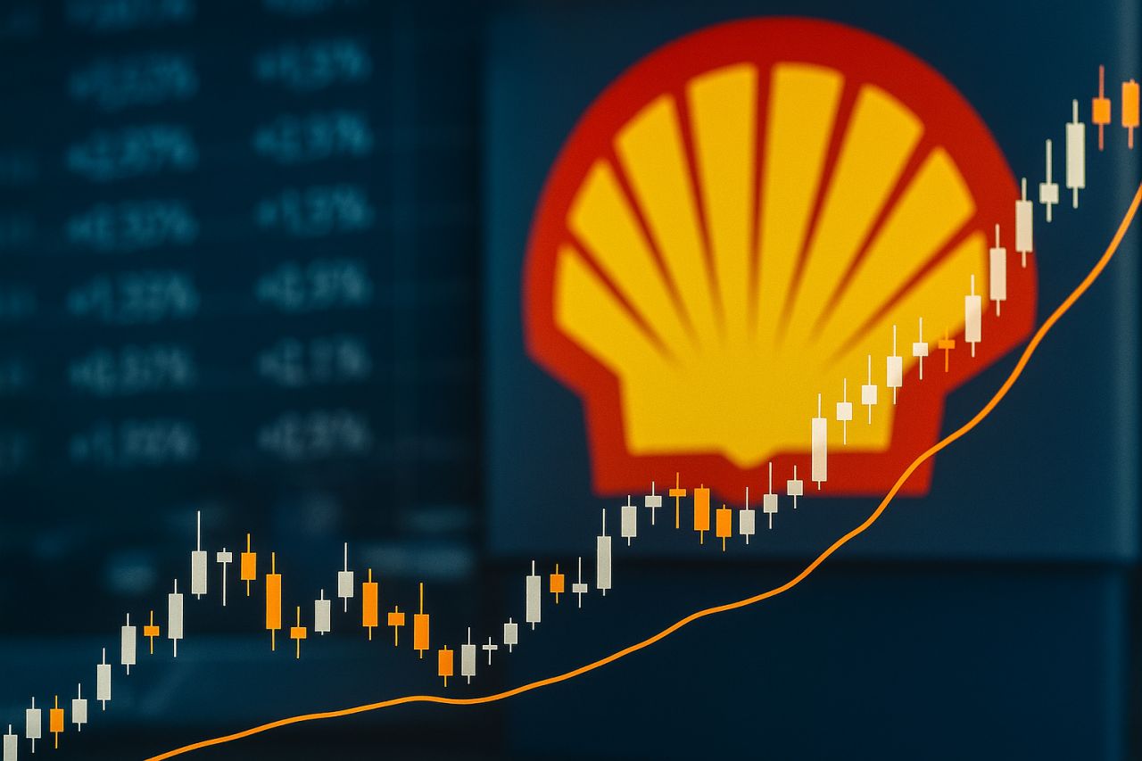 Logo Shell con un grafico a candele in sovrimpressione