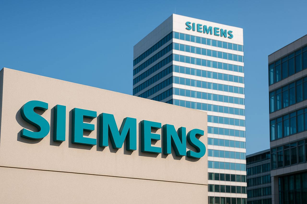 Un edificio con la scritta Siemens in cima, e un palazzo sullo sfondo con la stessa scritta