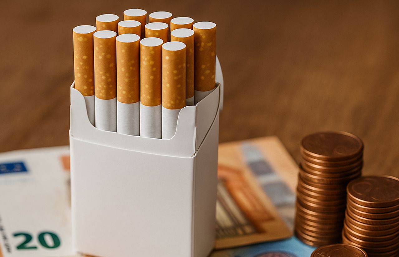 Un pacchetto di sigarette senza brand poggiato su un piano con delle banconote in euro e delle monetine