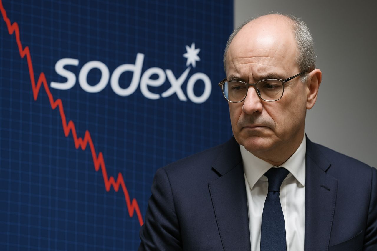 Primo piano di un uomo sulla sessantina con un grafico finanziario in discesa sullo sfondo e la scritta Sodexo