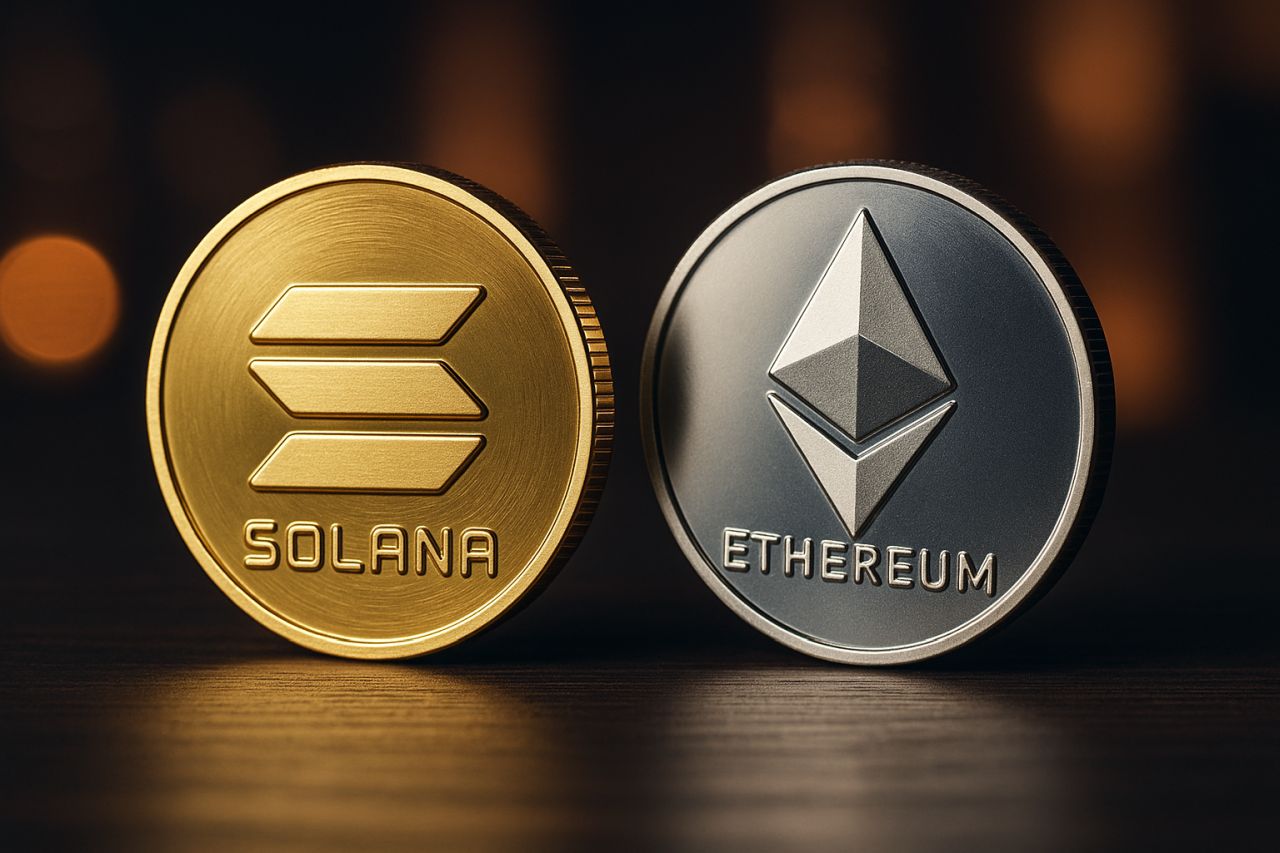 Una moneta di Solana accanto a una moneta di Ethereum