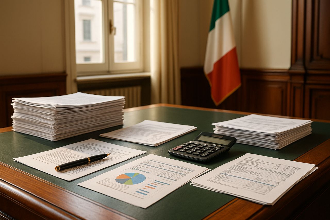 una stanza ministeriale con una scrivania piena di documenti e una bandiera poggiata alla parete