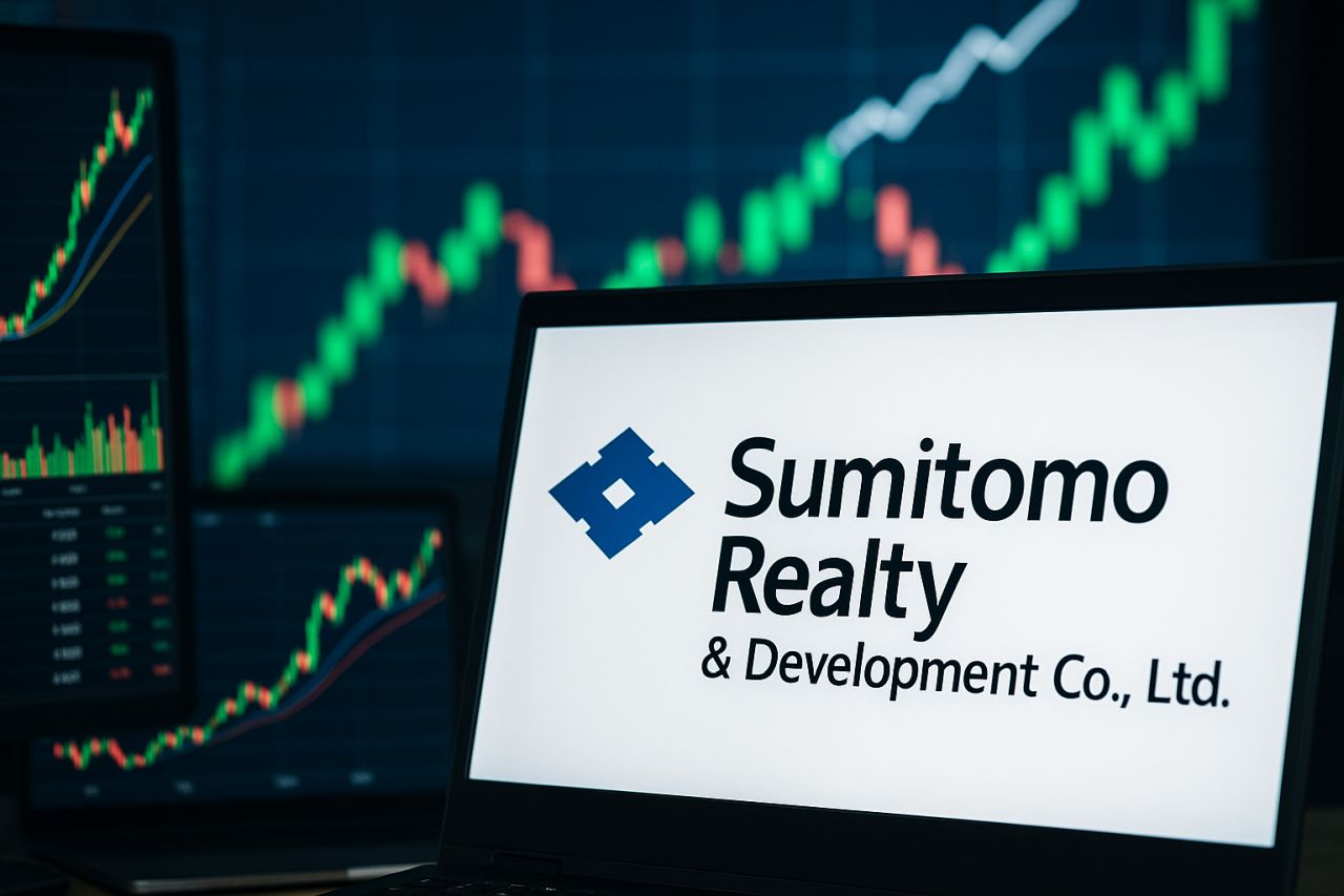 La scritta Sumitomo Realty sullo schermo di un pc con dei grafici a candele sullo sfondo