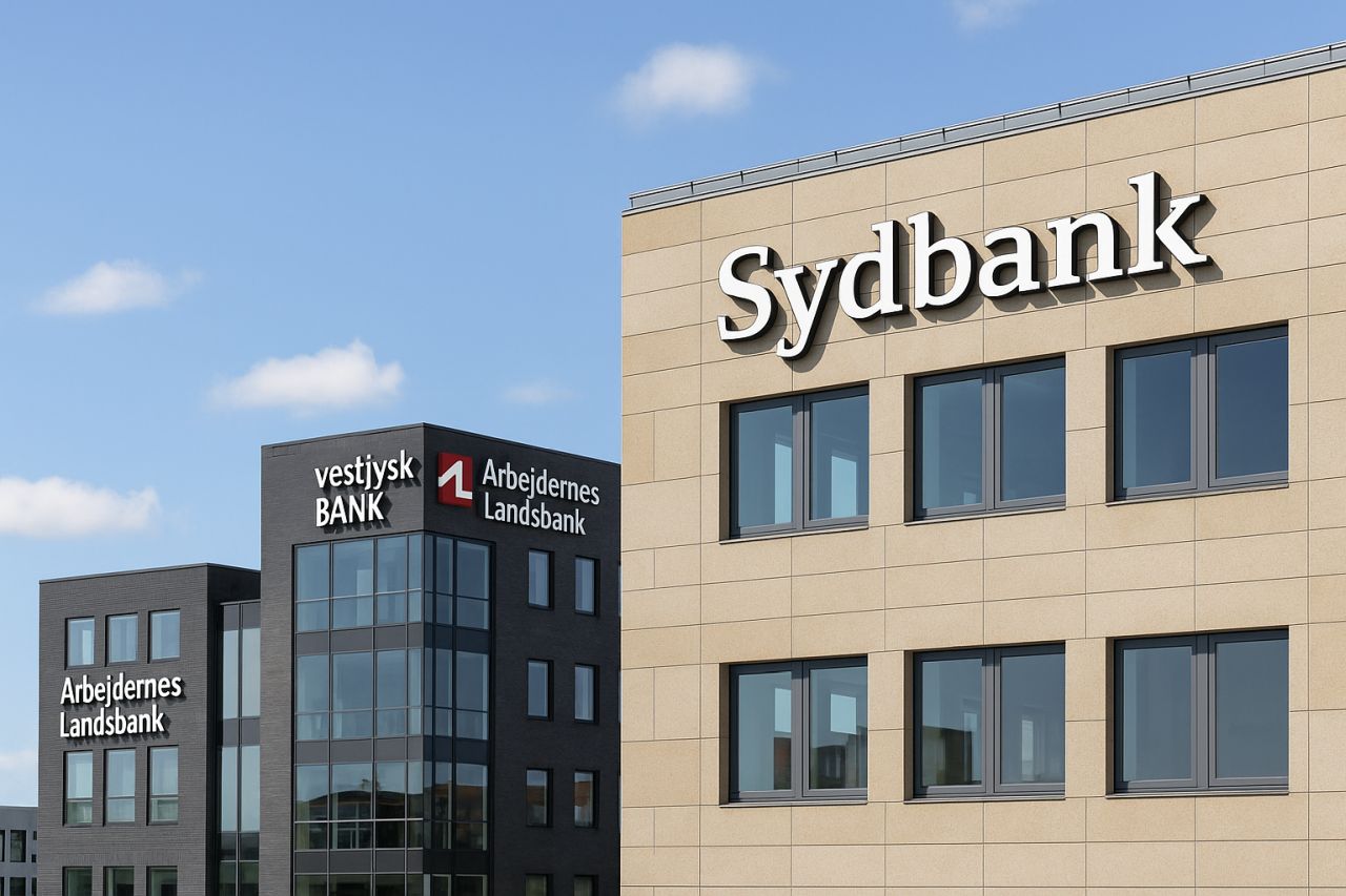 Un edificio con la scritta Sydbank in alto