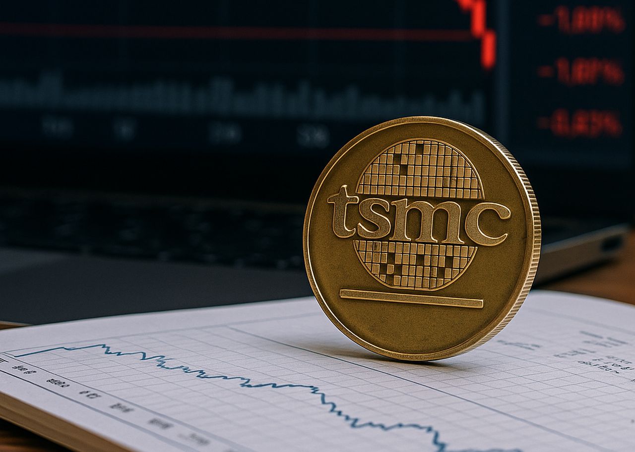Una moneta con logo e scritta tsmc poggiata su un foglio con dei grafici finanziari