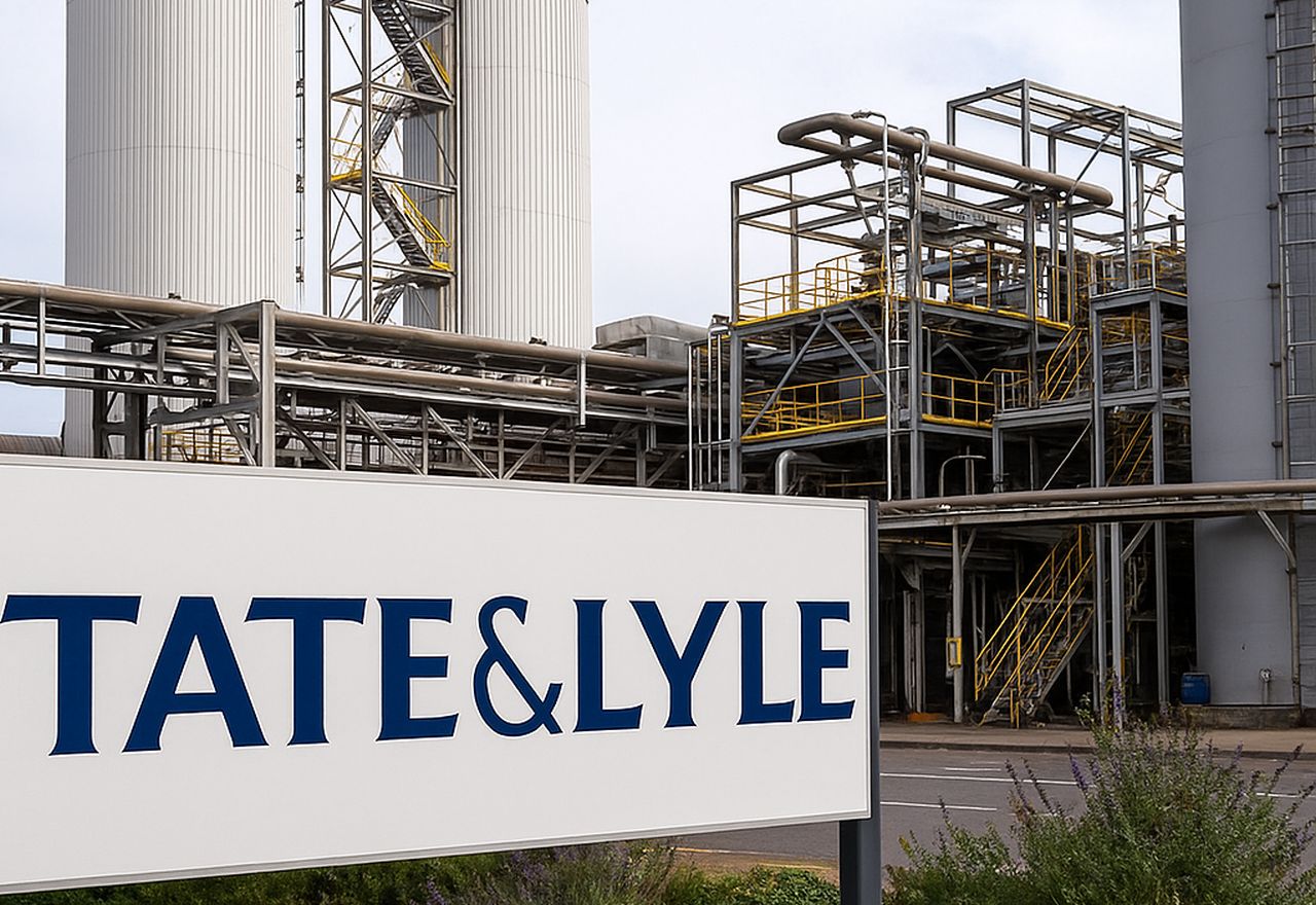 Scritta Tate&Lyle in primo piano con un complesso industriale sullo sfondo