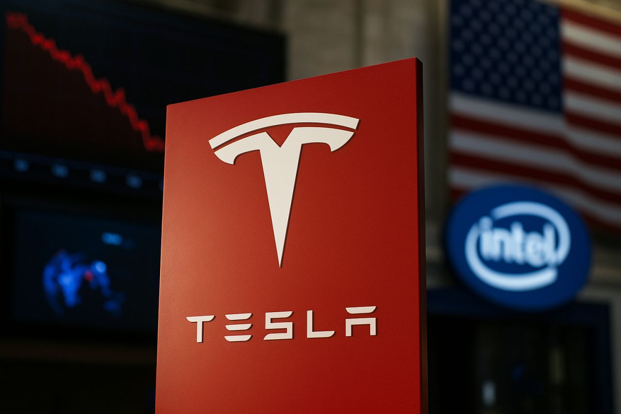 Un totem pubblicitario con logo e scritta Tesla. Insegna Intel in piccolo sullo sfondo