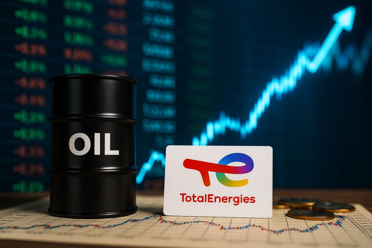 Un cartellino bianco con logo e scritta Total Energies, un barile di petrolio accanto ad esso, e grafici finanziari sullo sfondo