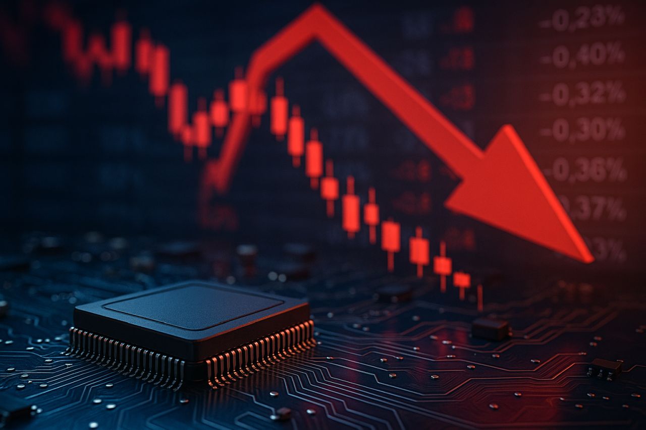 Un grafico a candele in toni di rosso con una freccia rossa verso il basso e un microchip in primo piano