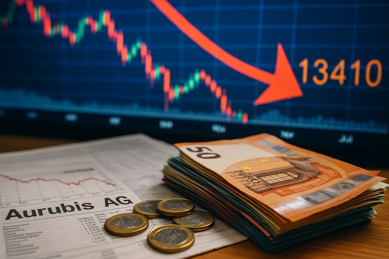 Alcune banconote e monete in euro poggiate su un piano. Sullo sfondo un grafico a candele con una freccia rossa verso il basso