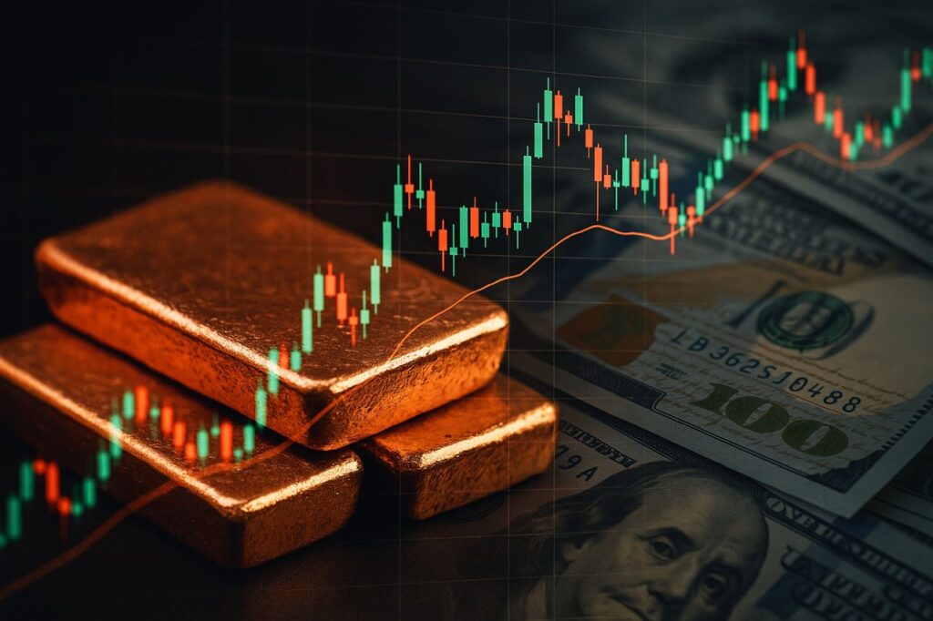 Lingotti di rame con un grafico a candele in trasparenza