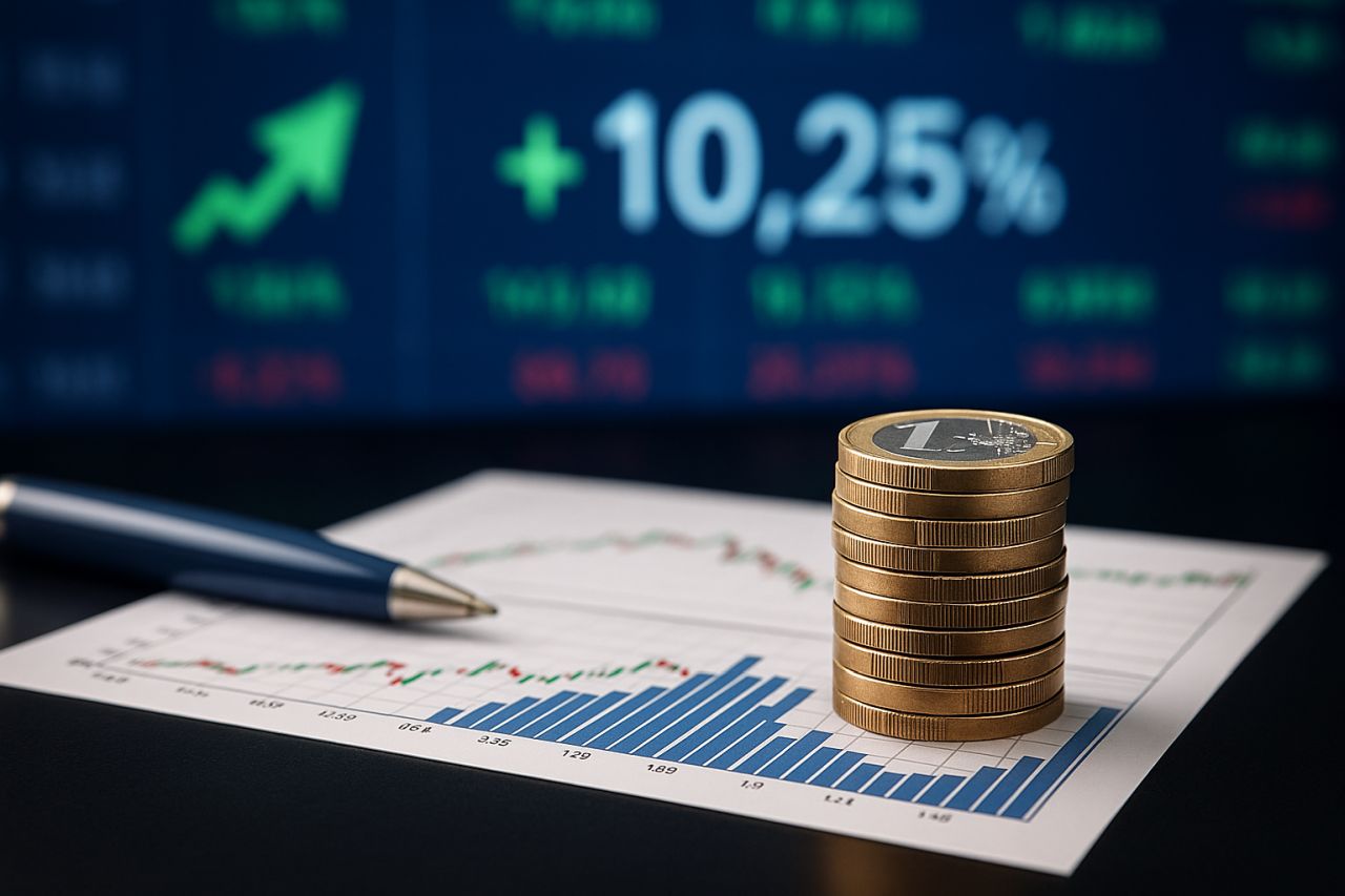 Alcune monetine impilate su un foglio con dei grafici finanziari