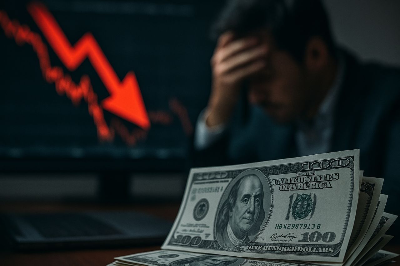 banconote di dollari in primo piano e un uomo con la mano sulla fronte sullo sfondo con una freccia rossa verso il basso alle sue spalle