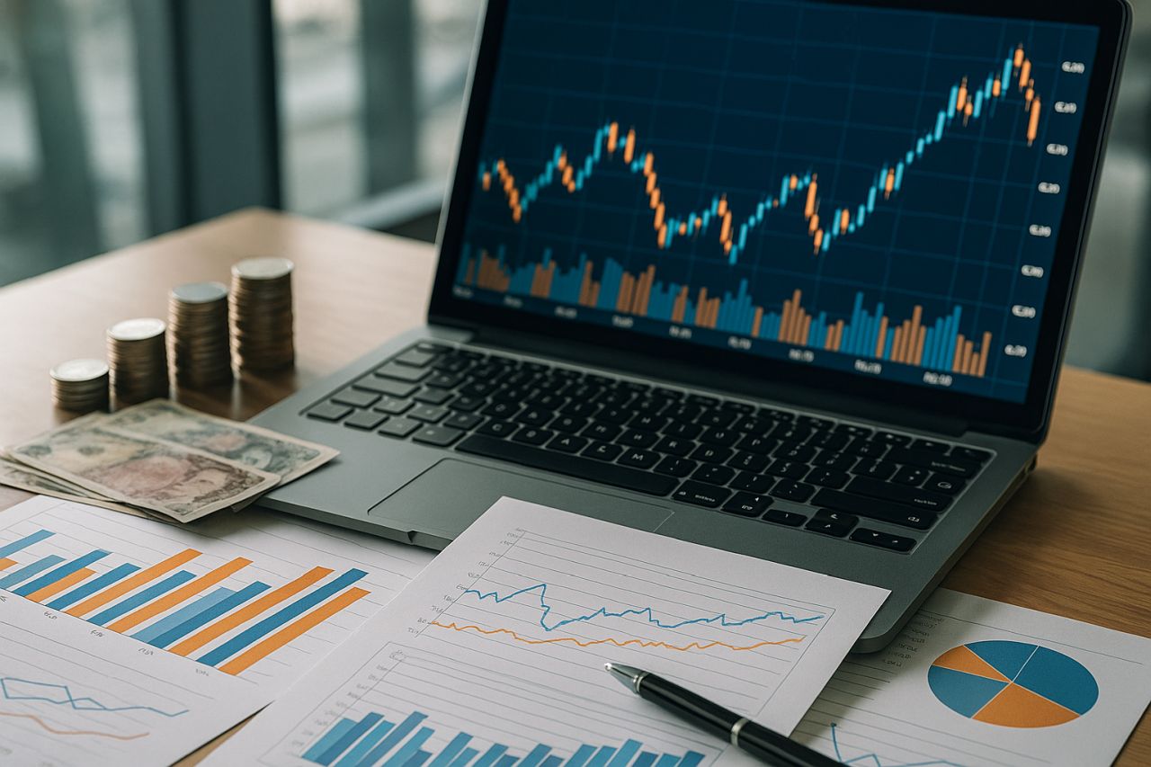 Un computer portatile con un grafico a candele sullo schermo e dei fogli con altri grafici finanziari sul tavolo