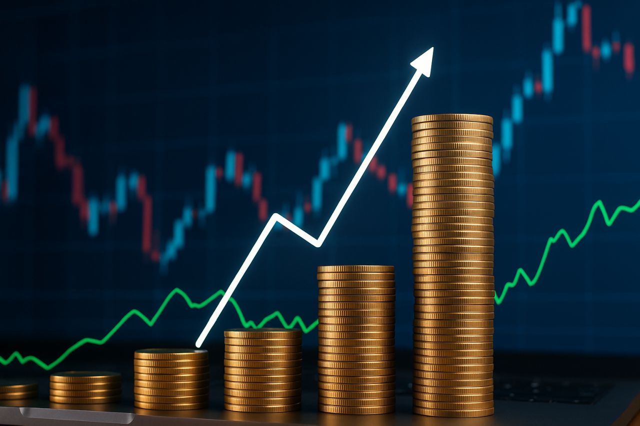 Un grafico finanziario con delle pile di monetine disposte a scala e una freccia bianca che le percorre verso l'alto