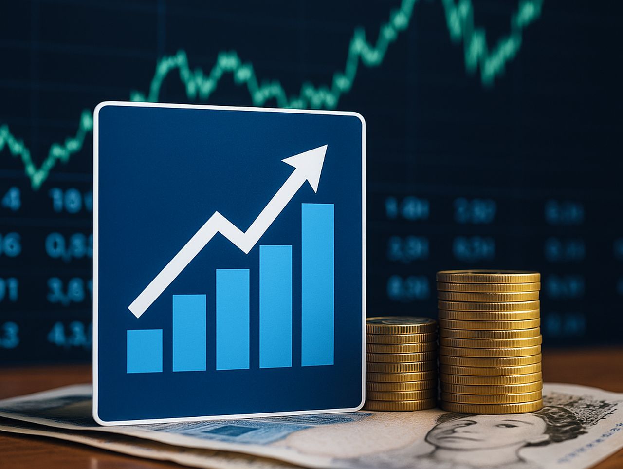 Un grafico finanziario sullo sfondo. In primo piano un segnale con un grafico a colonne e una freccia verso l'alto accanto a un paio di pile di monetine poggiate su un piano