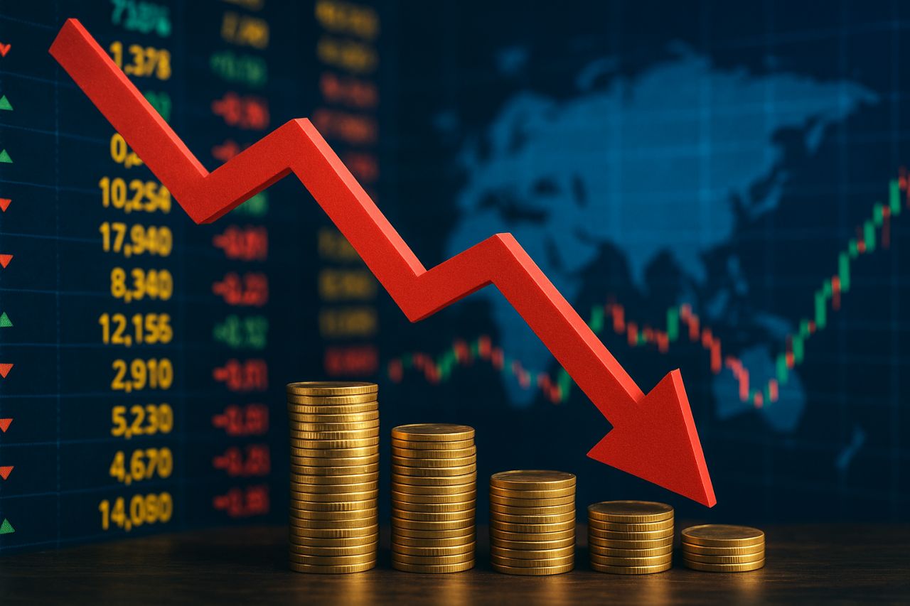 Alcune monetine disposte in pile decrescenti con una freccia rossa che le accompagna verso il basso. Sullo sfondo numeri e grafici finanziari
