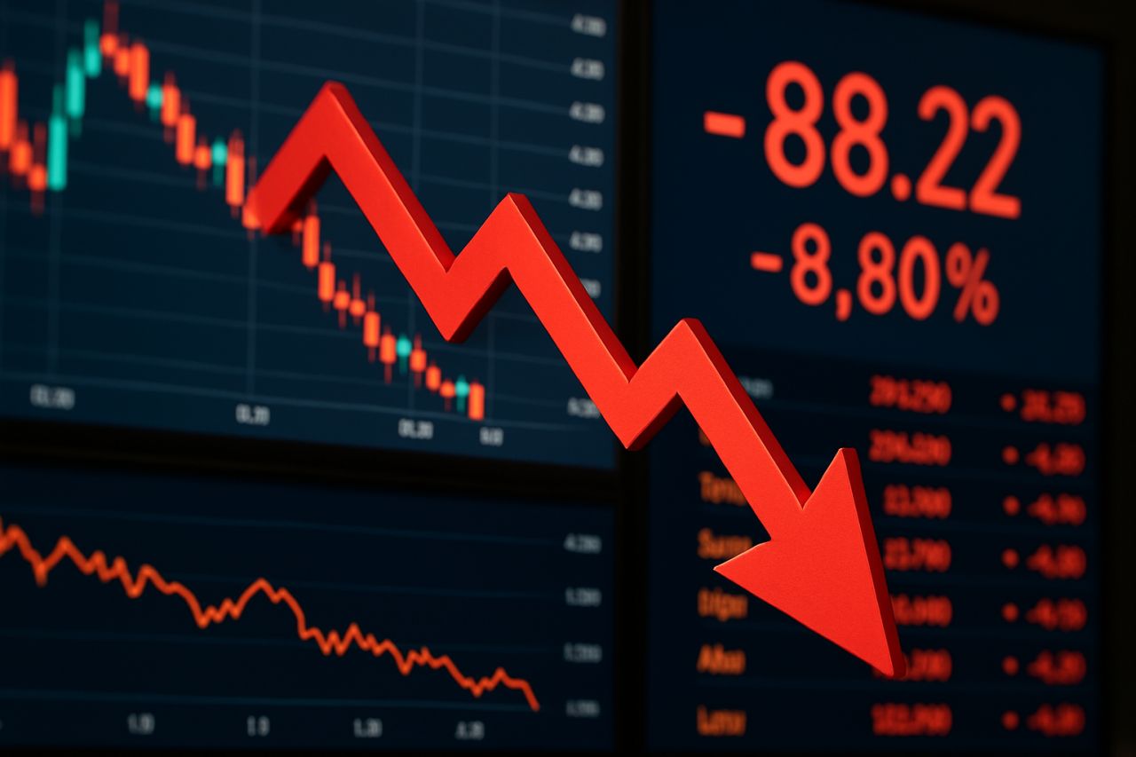 Un grafico a candele con altri grafici e cifre. In sovrimpressione una freccia rossa verso il basso