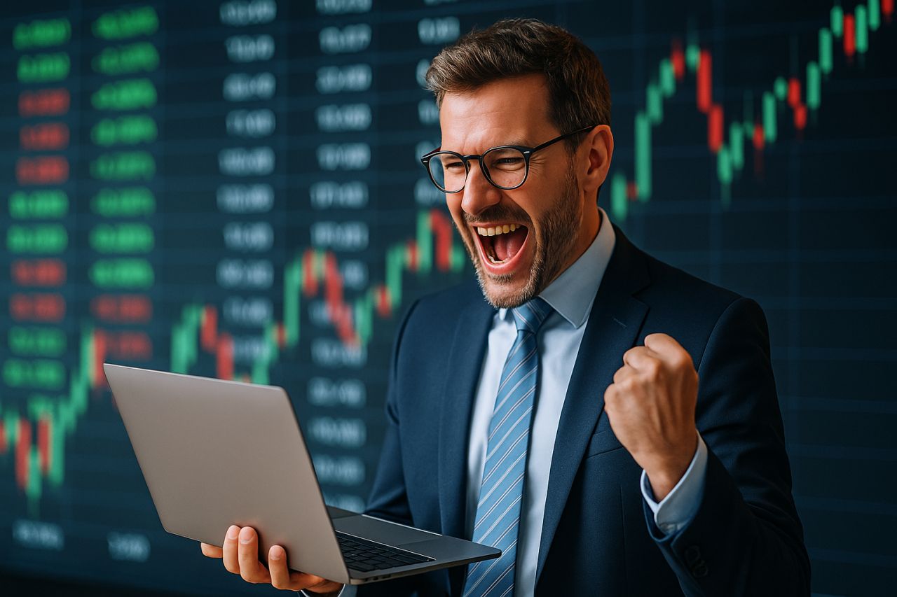 Primo piano di un investitore eslutante con un laptop in mano e grafici finanziari sullo sfondo