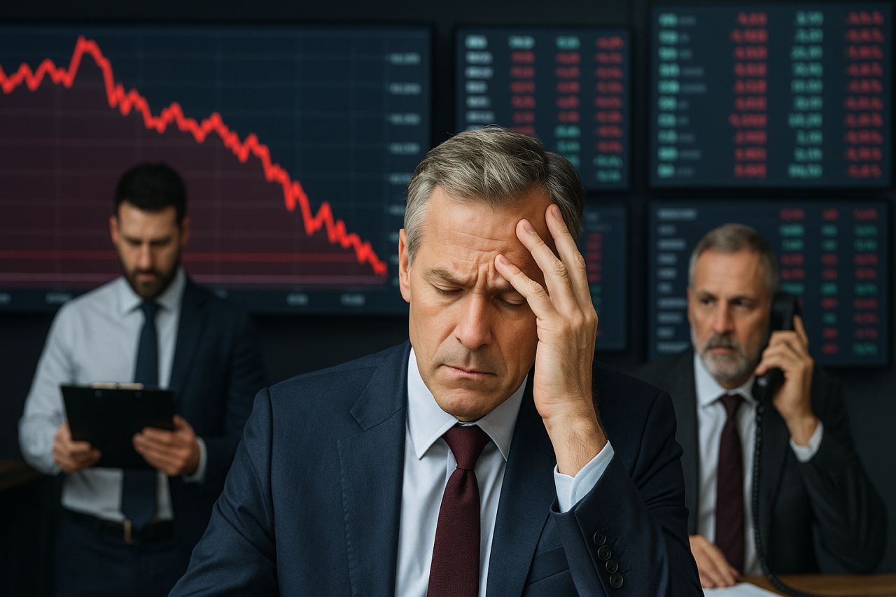 Primo piano di un investitore preoccupato, con altri investitori alle sue spalle e un grafico finanziario in discesa sullo sfondo
