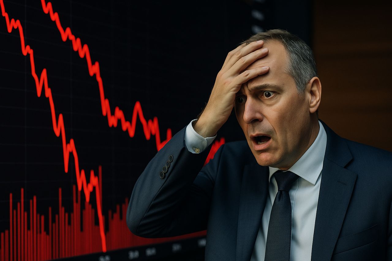 primo piano di un uomo di mezza età con una mano sulla fronte e un'espressione preoccupata. Sullo sfondo un grafico in discesa