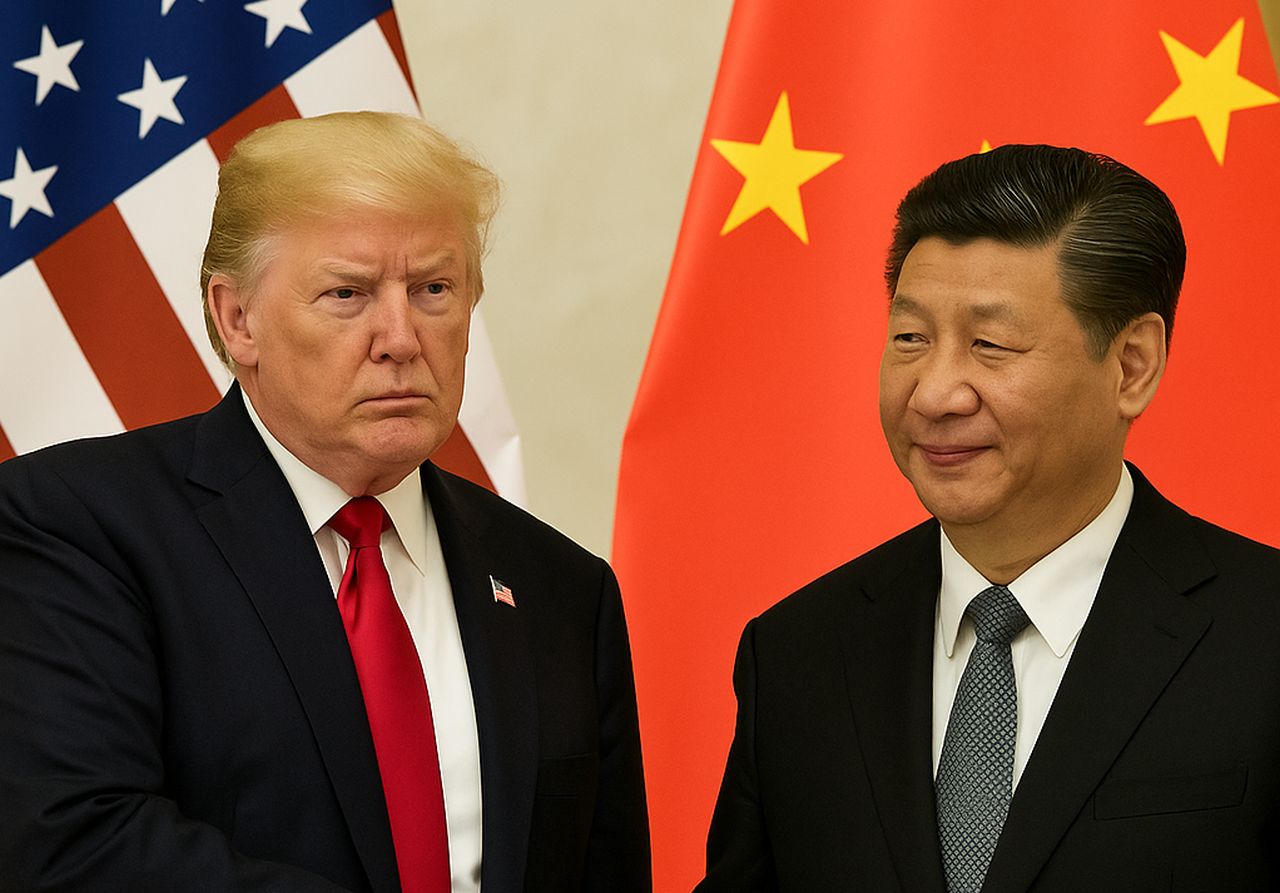 Primo piano di Donald Trump e Xi Jinping con le bandiere di Usa e Cina alle loro spalle