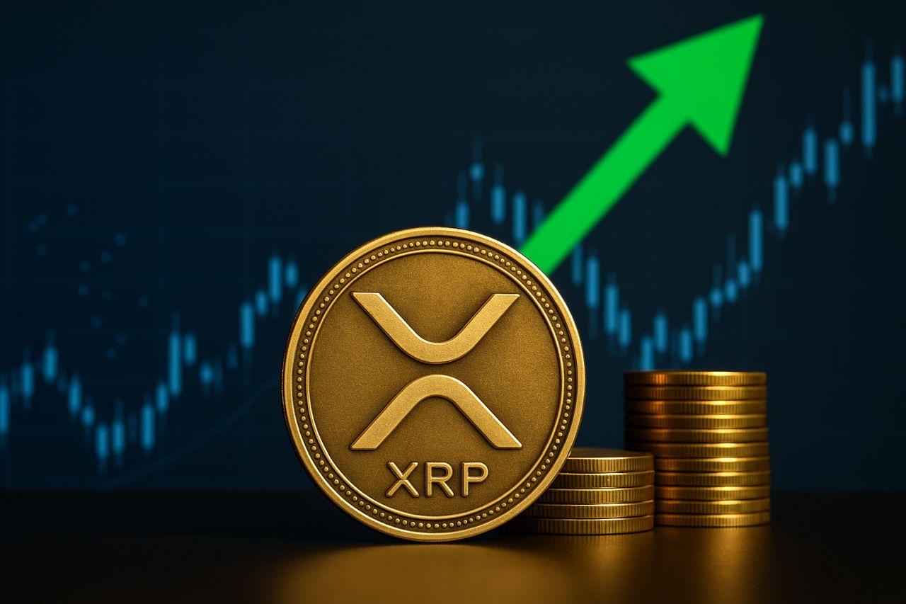 Una moneta di XRP con un grafico a candele sullo sfondo e una freccia verde verso l'alto