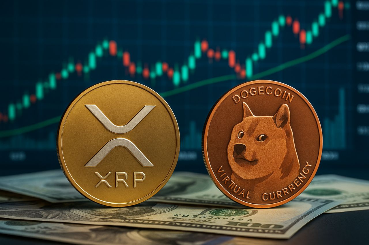 una moneta di XRP e una di DOGE con un grafico a candele sullo sfondo