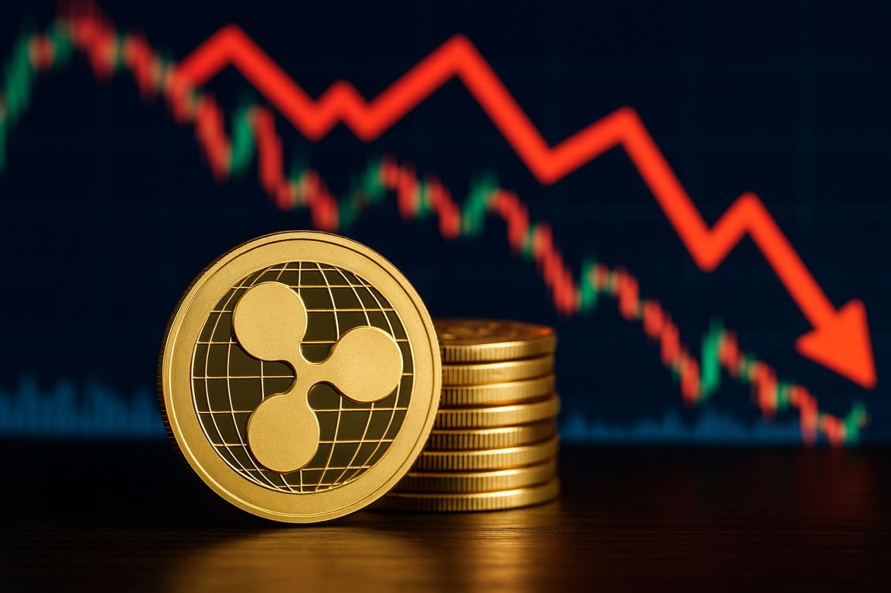 Una moneta di XRP con una piccola pila di monete accanto e un grafico a candele sullo sfondo con una freccia che ne accompagna il percorso verso il basso
