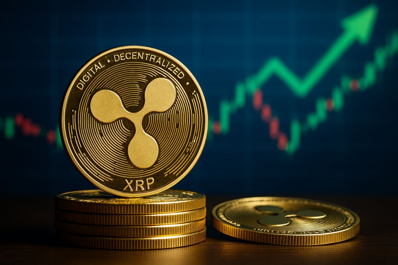 Una moneta di XRP con altre monete sotto e dei grafici a candele sullo sfondo
