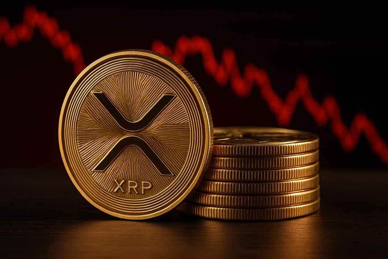 Una moneta di XRP con un grafico in discesa sullo sfondo
