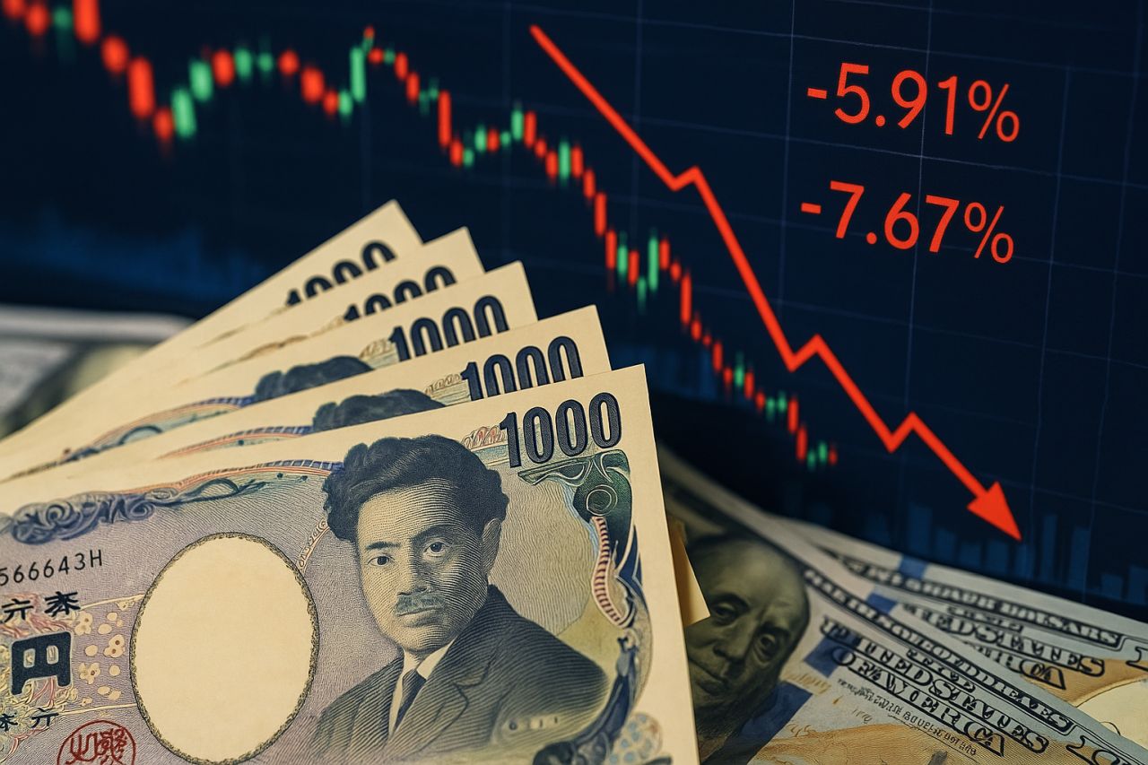 Alcune banconote in yen con un grafico a candele sullo sfondo