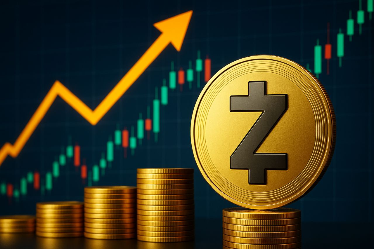 una moneta con il simbolo di Zcash insieme ad altre monetine impilate con un grafico a candele sullo sfondo e una freccia verso l'alto