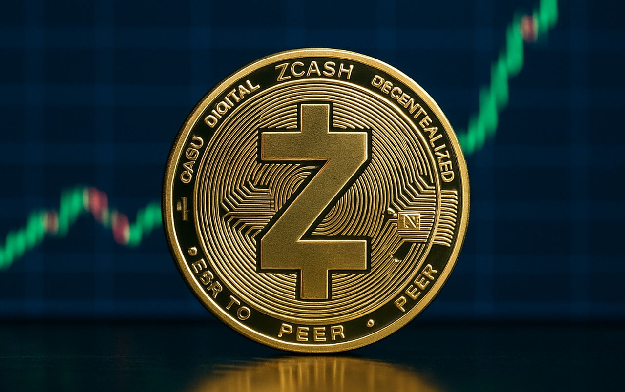 Una moneta con il simbolo di Zcash e un grafico a candele sullo sfondo