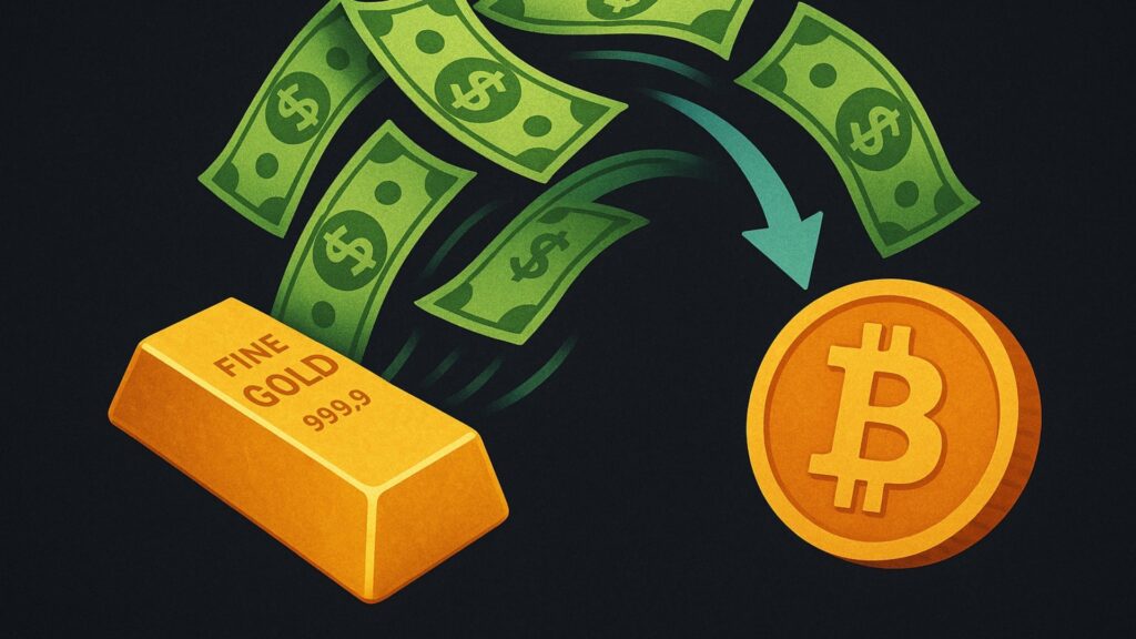 Bitcoin, oro, crypto, criptovalute, rotazione da oro a bitcoin, cripto, btc, gold
