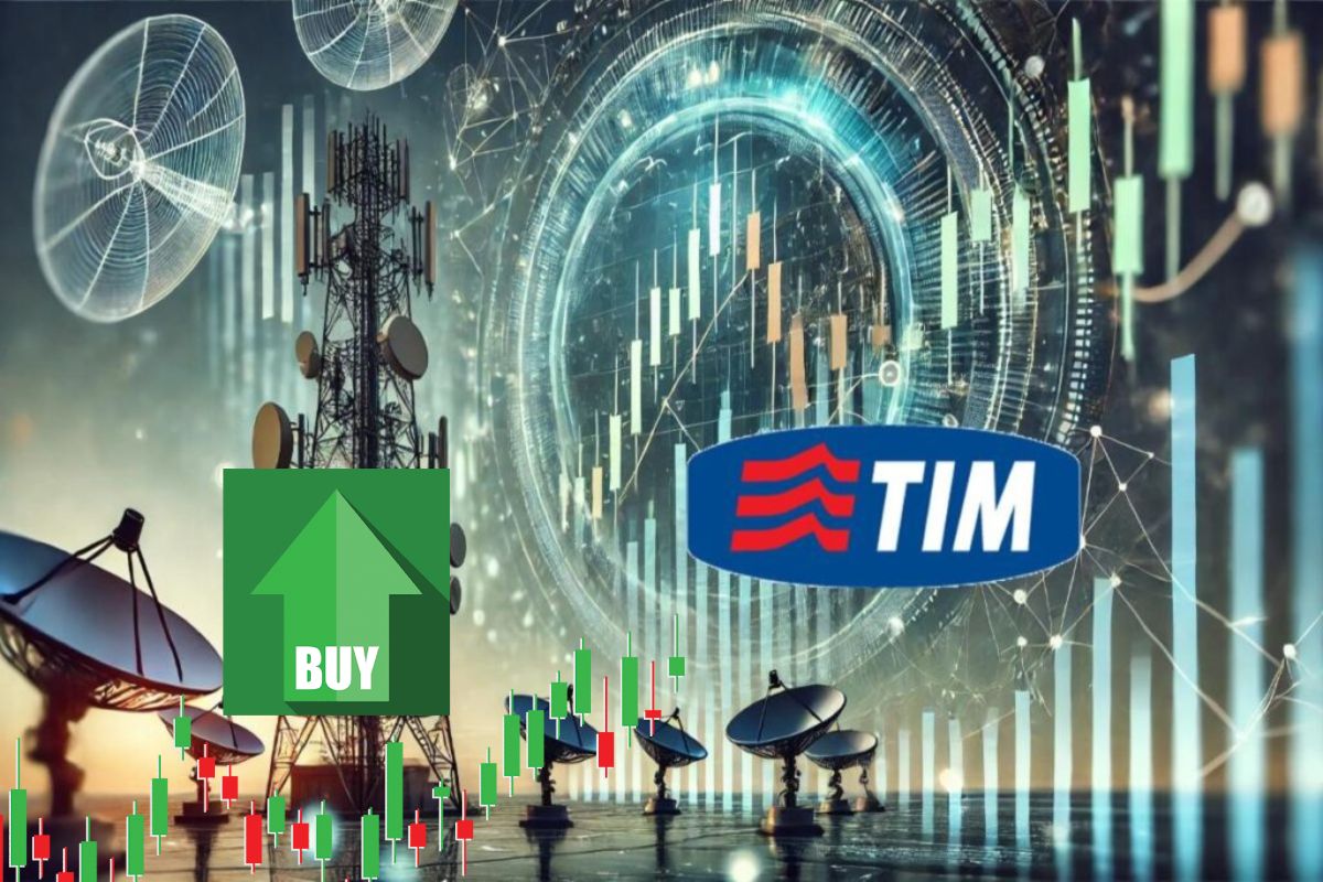 antenne Tlc con logo di TIM e grafico a candele con BUY