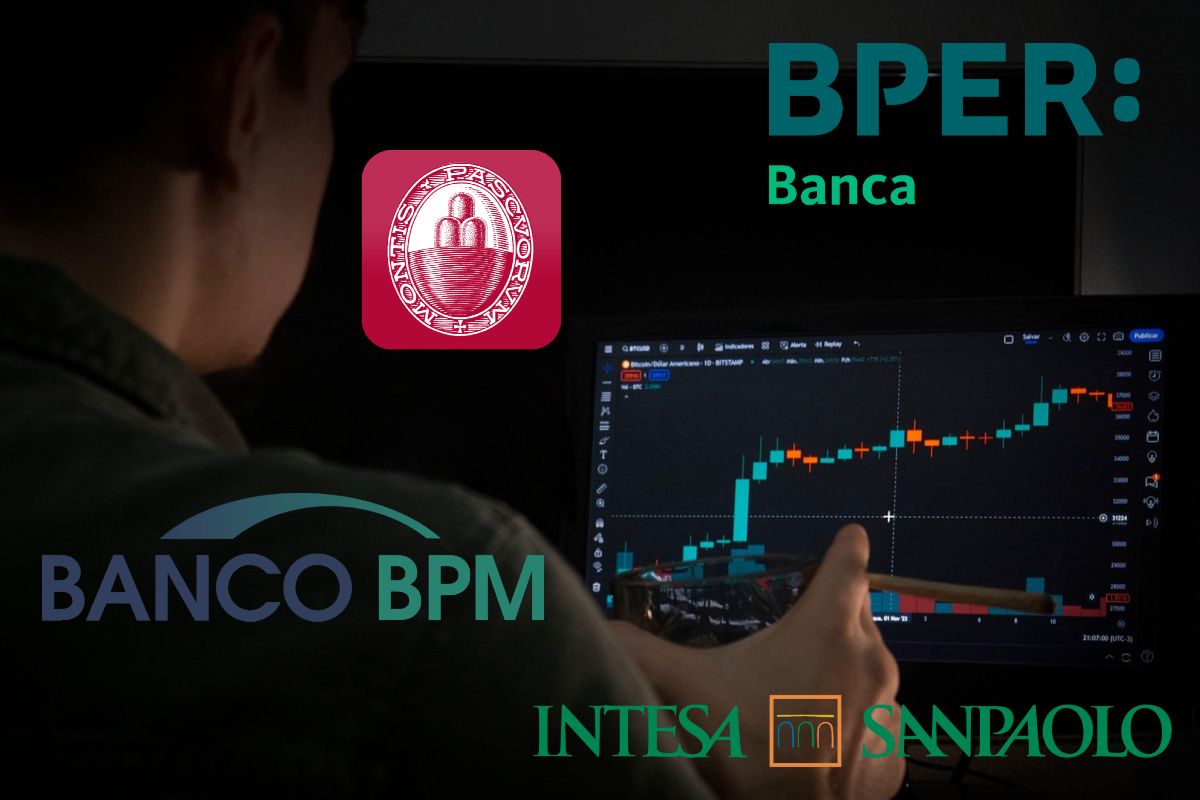 trader in azione e loghi di banche