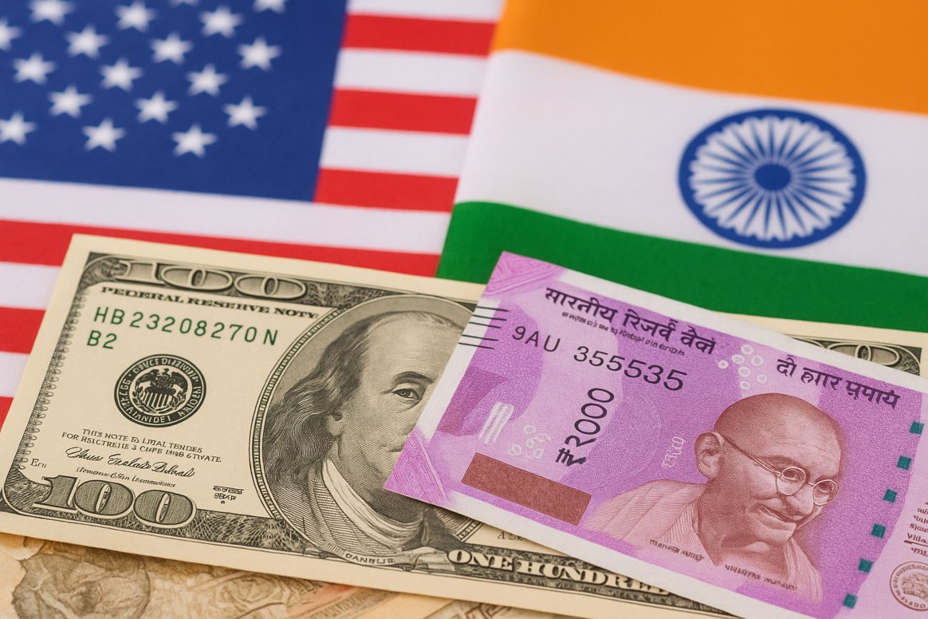 dollari e rupie con sullo sfondo bandiera Usa e India